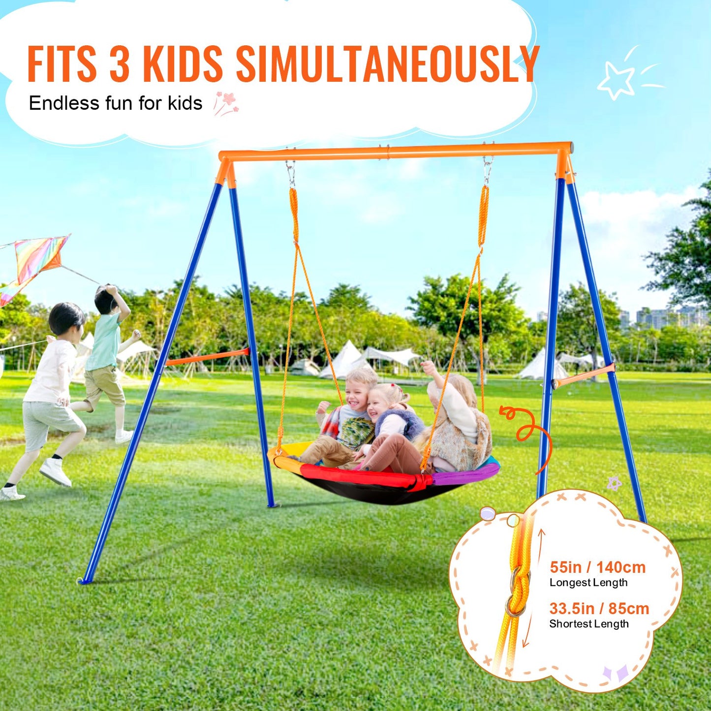 Swing Sets for Backyard, 440lbs Load Capacity Swing Set, 40" Saucer Swing Seat with Heavy Duty A-Frame Metal Swing Stand and Adjustable Rope, Easy to Assemble, Swingset Outdoor for Kids