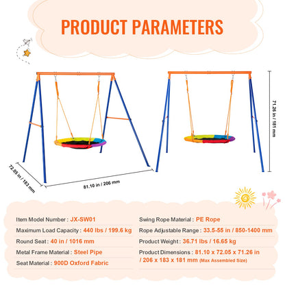 Swing Sets for Backyard, 440lbs Load Capacity Swing Set, 40" Saucer Swing Seat with Heavy Duty A-Frame Metal Swing Stand and Adjustable Rope, Easy to Assemble, Swingset Outdoor for Kids