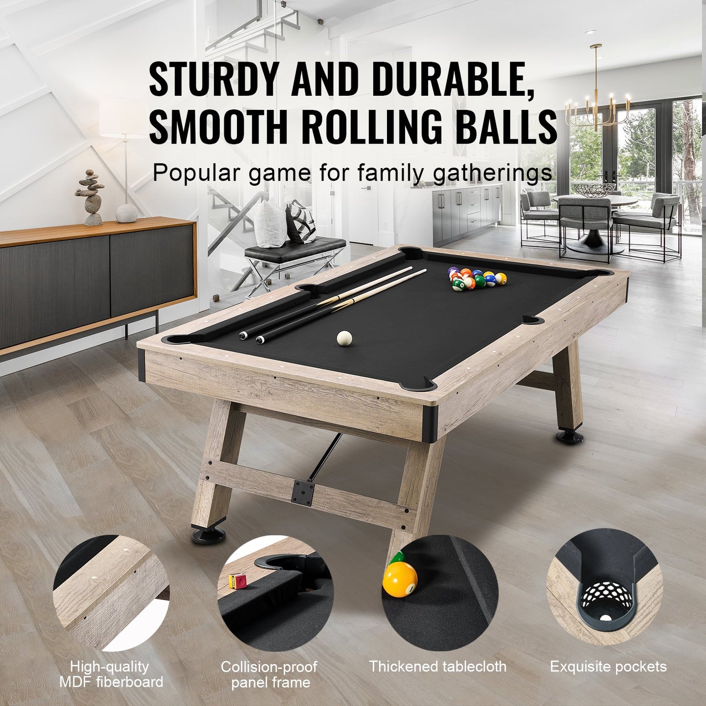 Billiards Table, 7 ft Pool Table, Adjust Legs Stable Billiards Table, Pool Table Set Includes Balls, Cues, Chalks and Brush, Wood Color with Black Cloth, Perfect for Family Game Room Kids Adults