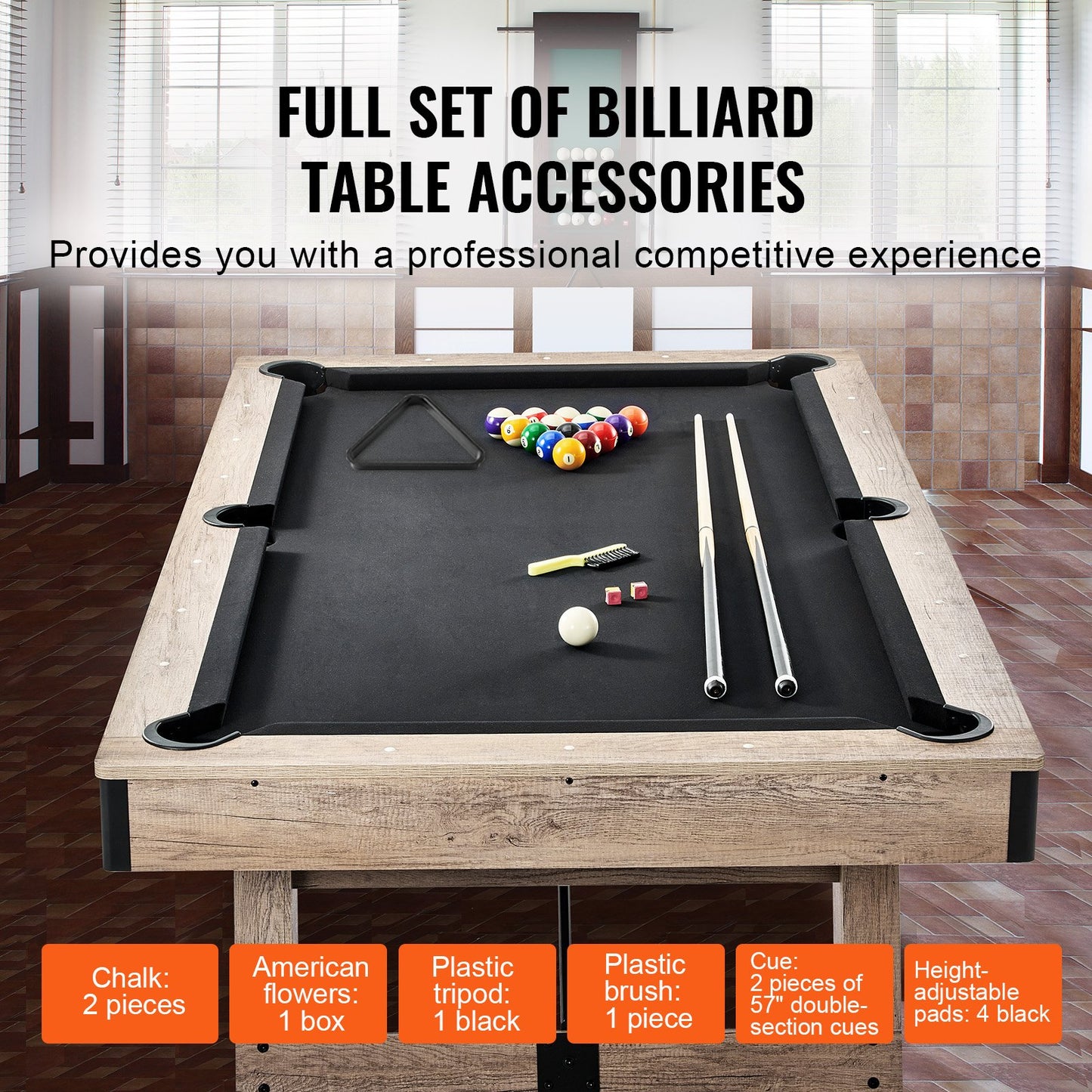 Billiards Table, 7 ft Pool Table, Adjust Legs Stable Billiards Table, Pool Table Set Includes Balls, Cues, Chalks and Brush, Wood Color with Black Cloth, Perfect for Family Game Room Kids Adults