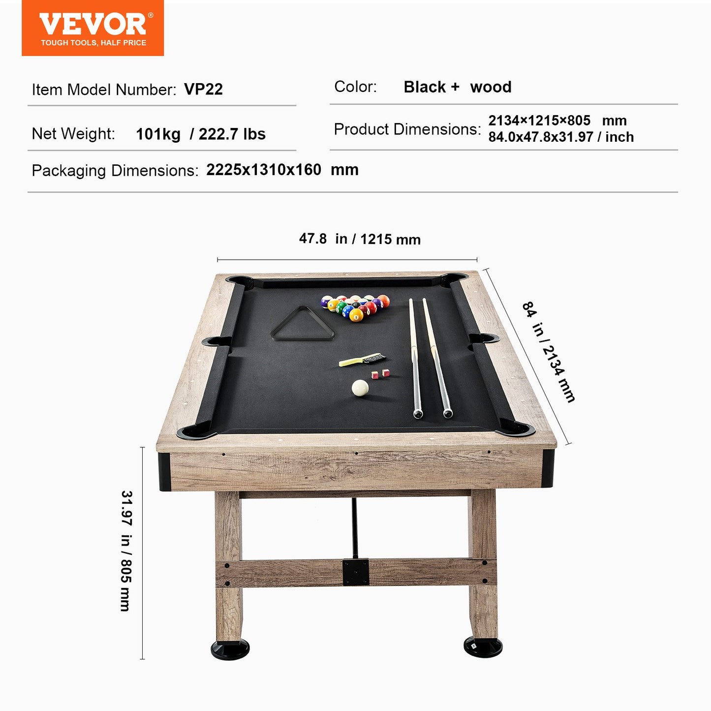 Billiards Table, 7 ft Pool Table, Adjust Legs Stable Billiards Table, Pool Table Set Includes Balls, Cues, Chalks and Brush, Wood Color with Black Cloth, Perfect for Family Game Room Kids Adults