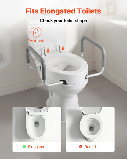 Raised Toilet Seat with Arms, 136.1 kg Load Capacity, 88.9 mm Lift Height, Widened Commode Elevated Toilet Seat Riser with Padded Handles for Seniors, Elderly, Handicap, Disabled, and Adults
