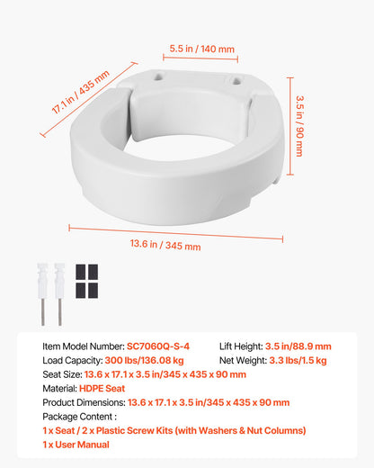 Raised Toilet Seat, 136.1 kg Load Capacity, 88.9 mm Lift Height, Commode Elevated Toilet Seat Riser with Enlarged Opening for Seniors, Elderly, Handicap, Disabled, and Adults, Fits Round Bowl