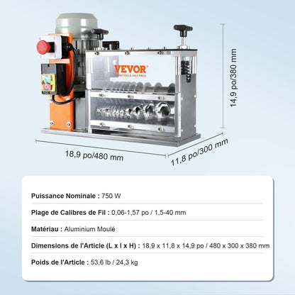 Automatic Wire Stripping Machine, 1.5 mm-40 mm Electric Motorized Cable Stripper, 750W, 30m/min Wire Peeler with Visible Stripping Depth Reference, 10 Channels for Scrap Copper Recycling