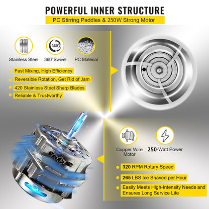 Snow Cone Machine 265LBS Commercial Ice Shaver Crusher 220V 50HZ Ice Crusher Shaver Machine Snow Flake Stainless Steel Food Grade for Kitchen Home Bars