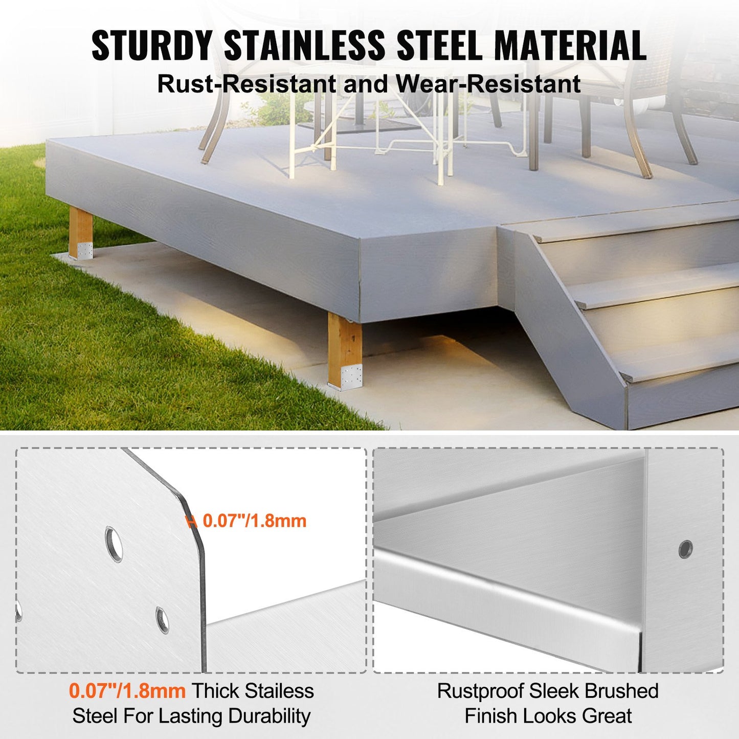 203,2x203,2 mm stolpbas, 4 st justerbara stolpankare i rostfritt stål (invändigt 198 x 185), justerbar stolpbas för paviljong, veranda, ledstång, dekorativ ankarplatta