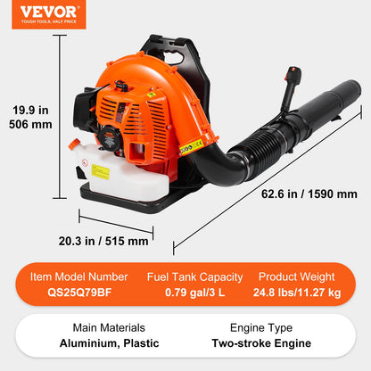 Backpack Leaf Blower, 79CC 2-Cycle Gas Leaf Blower with 3L Fuel Tank, 930CFM Air Volume 184MPH Speed, Ideal for Lawn Care, Leaf Cleaning, and Snow Removal