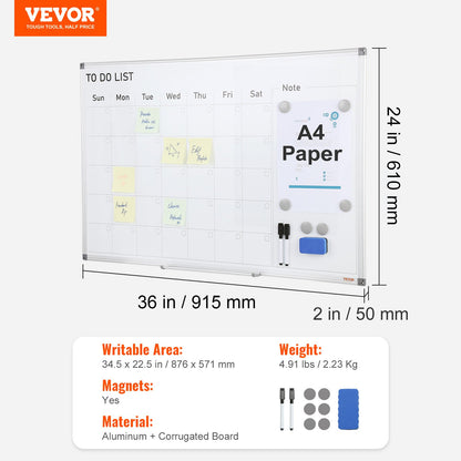 Calendar Whiteboard, 36 x 24 Inches Magnetic Dry Erase Calendar Board, Monthly Planner Whiteboard for Wall, 1 Magnetic Erase & 2 Dry Erase Marker & Movable Tray for Restaurant Office Home School