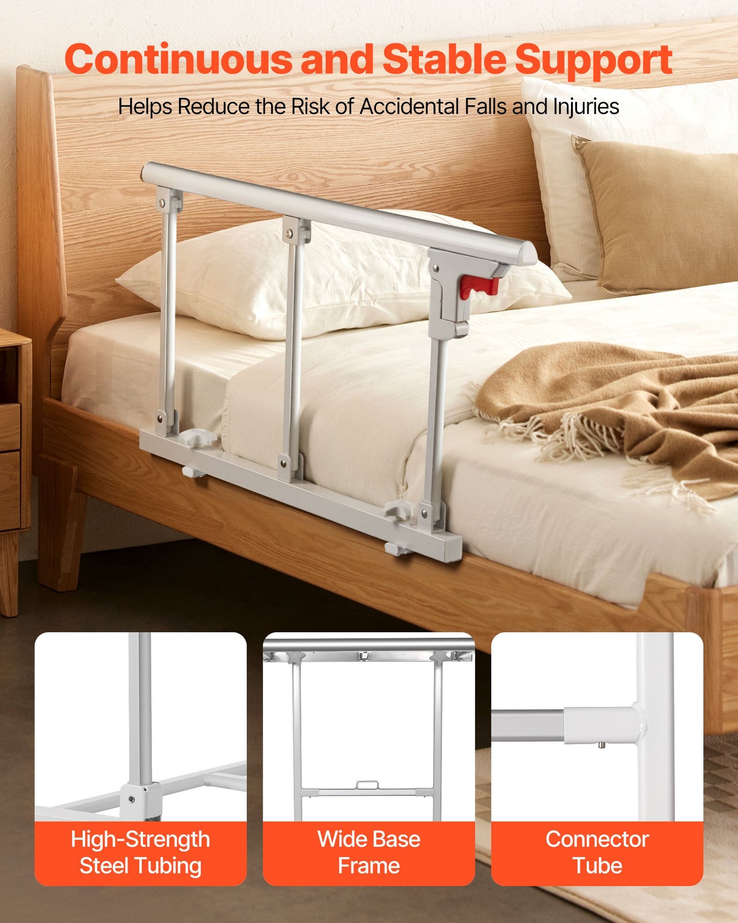 Foldable Bed Rail for Elderly, 70 cm Bedside Assist Rail with Fixing Strap, Adjustable Height Pipe Bedside Cane, High-Strength Metal Senior Bed Bar, Hand Guard Grab Fits King, Queen, Full, Twin