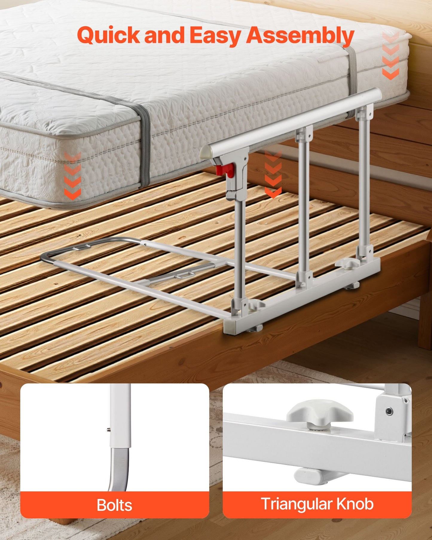 Foldable Bed Rail for Elderly, 70 cm Bedside Assist Rail with Fixing Strap, Adjustable Height Pipe Bedside Cane, High-Strength Metal Senior Bed Bar, Hand Guard Grab Fits King, Queen, Full, Twin