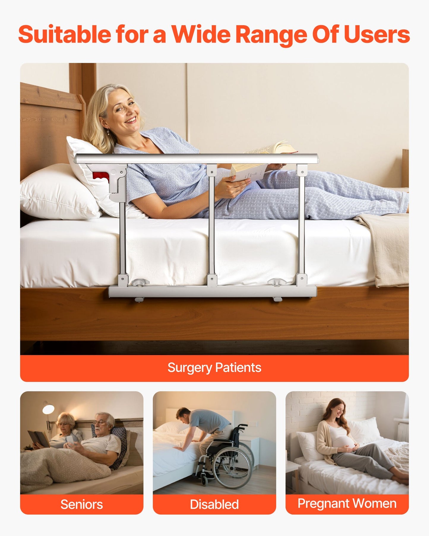 Foldable Bed Rail for Elderly, 70 cm Bedside Assist Rail with Fixing Strap, Adjustable Height Pipe Bedside Cane, High-Strength Metal Senior Bed Bar, Hand Guard Grab Fits King, Queen, Full, Twin
