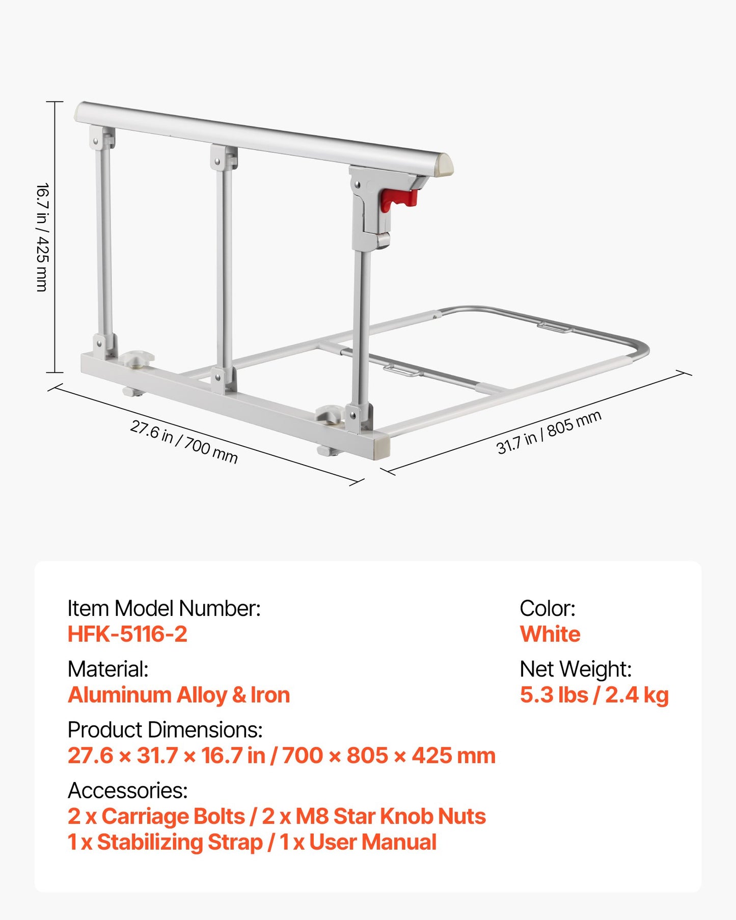 Hopfällbar sänggrind för äldre, 70 cm sängkant med fästrem, justerbar höjd för sängkant, sängstång i metall med hög hållfasthet för äldre, handskydd passar king size-säng, queen size-säng, full size-säng och twin-säng