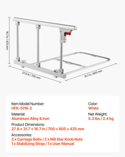 Hopfällbar sänggrind för äldre, 70 cm sängkant med fästrem, justerbar höjd för sängkant, sängstång i metall med hög hållfasthet för äldre, handskydd passar king size-säng, queen size-säng, full size-säng och twin-säng
