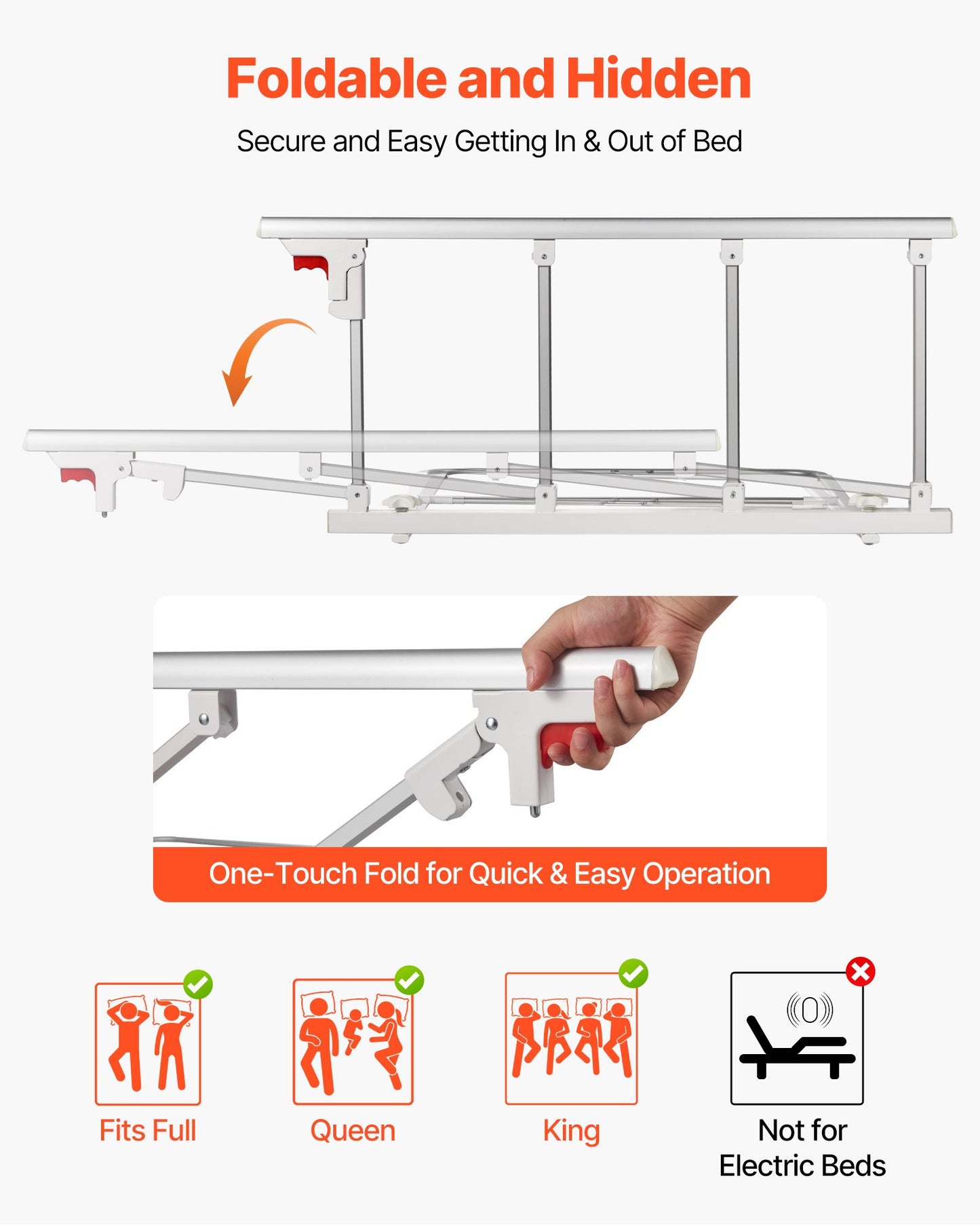 Hopfällbar sänggrind för äldre, 97 cm sängkant med fästrem, justerbar höjd för sängkant, sängstång i metall med hög hållfasthet, handskydd för äldre personer, passar king size-säng, queen size-säng, dubbelsäng och twin-säng