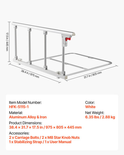 Hopfällbar sänggrind för äldre, 97 cm sängkant med fästrem, justerbar höjd för sängkant, sängstång i metall med hög hållfasthet, handskydd för äldre personer, passar king size-säng, queen size-säng, dubbelsäng och twin-säng