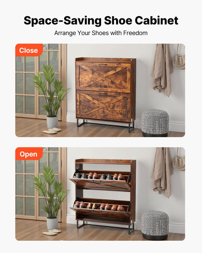 Shoe Cabinet with 2 Flip Drawers, Farmhouse Shoes Storage Cabinet with Metal Legs and Anti-Tipping Device, Freestanding Shoe Organizer Ideal for Entryway, Hallway, Bedroom, Living Room, Brown