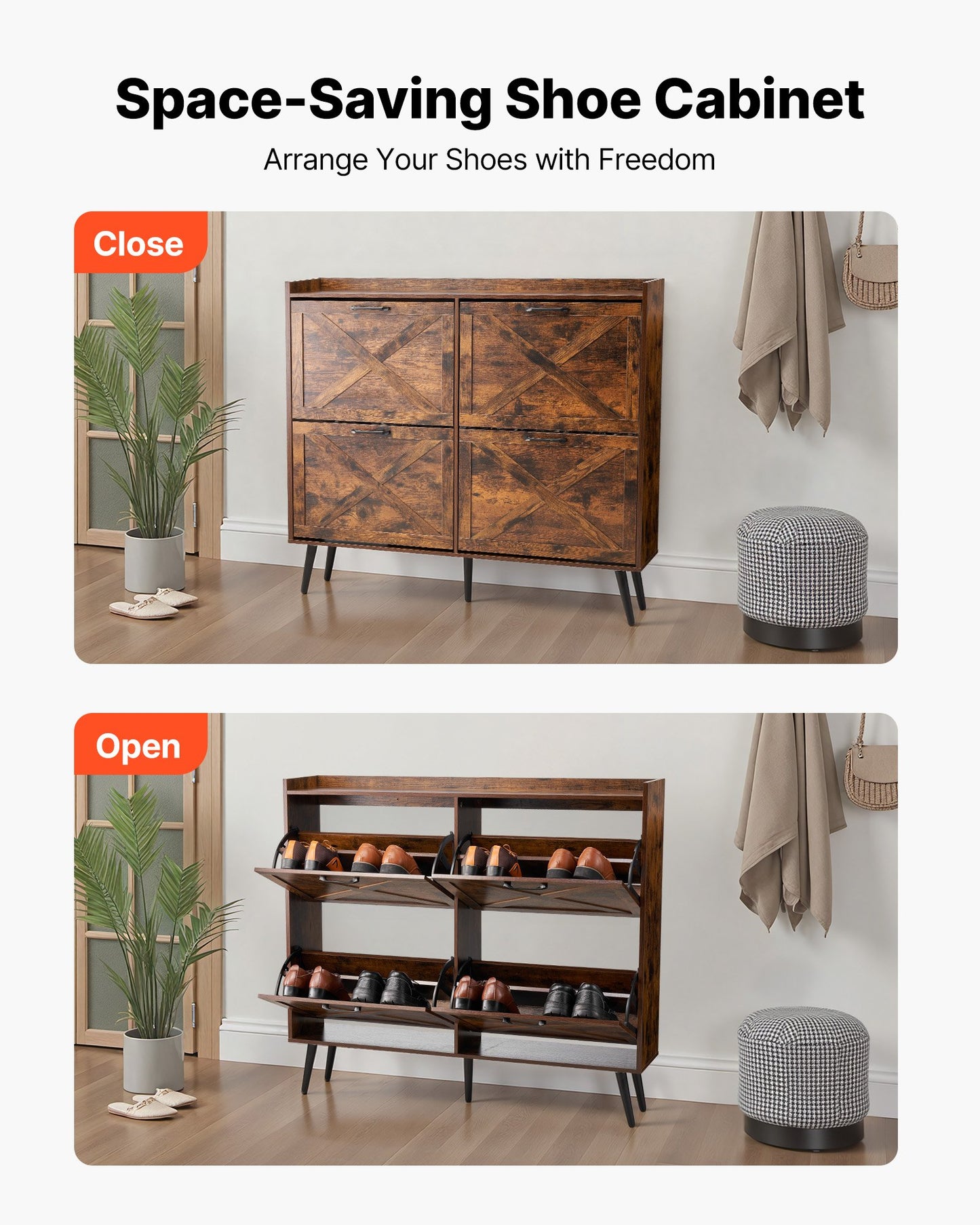 Shoe Cabinet with 4 Flip Drawers, Farmhouse Shoes Storage Cabinet with Wood Legs and Anti-Tipping Device, Freestanding Shoe Organizer Ideal for Entryway, Hallway, Bedroom, Living Room, Brown