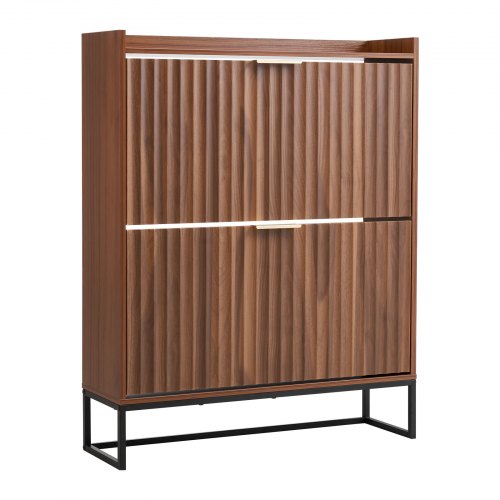 Skoskåp med 2 fällbara lådor, förvaringsskåp för skor från mitten av århundradet med tippskydd, fristående räfflad skoorganisatör, perfekt för entré, hall, sovrum, vardagsrum, valnöt