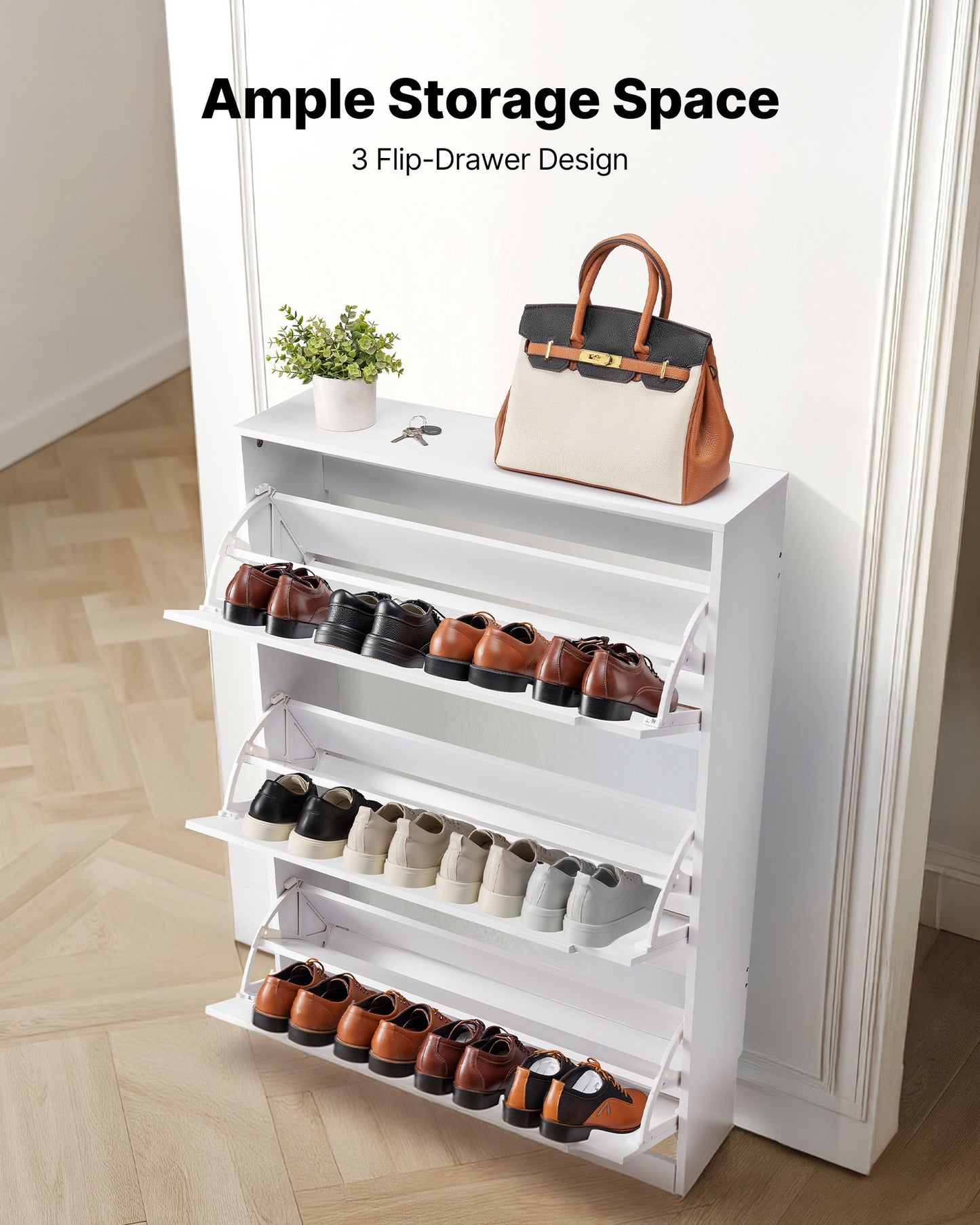 Shoe Cabinet with 3 Flip Drawers, Modern Shoes Storage Cabinet with Anti-Tipping Device, Freestanding Shoe Rack Organizer, Ideal for Entryway, Hallway, Bedroom, Living Room, Closet, White