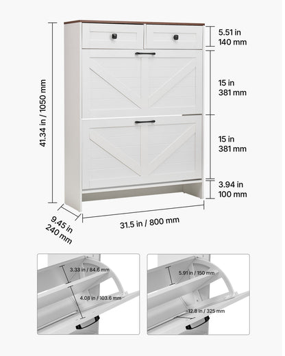 Shoe Cabinet with 2 Flip Drawers, Farmhouse Shoes Storage Cabinet with 2 Drawers and Anti-Tipping Device, Freestanding Shoe Organizer Ideal for Entryway, Hallway, Bedroom, Living Room, White