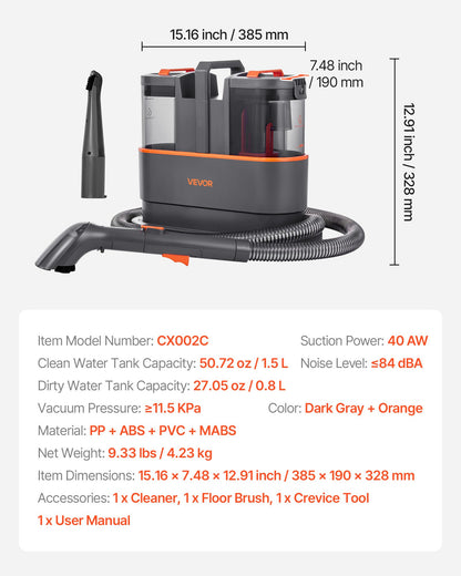 Mattrengörare, 1,5 l renvattentank och 0,8 l smutsvattentank, bärbar möbelschampon, 11,5 kPa handhållen möbelsugare, djuprengörande fläckborttagning för mattor, soffor och bilar