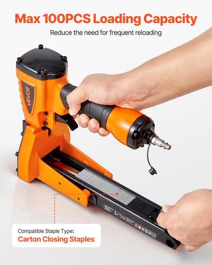 Pneumatic Carton Closing Stapler, 13 Gauge Pneumatic Cardboard Staple Gun for 34.8mm Crown 16mm & 19mm Length, Depth-Adjustable 70-120 PSI Air Staple Gun for Boxes Carton Closing, Packaging
