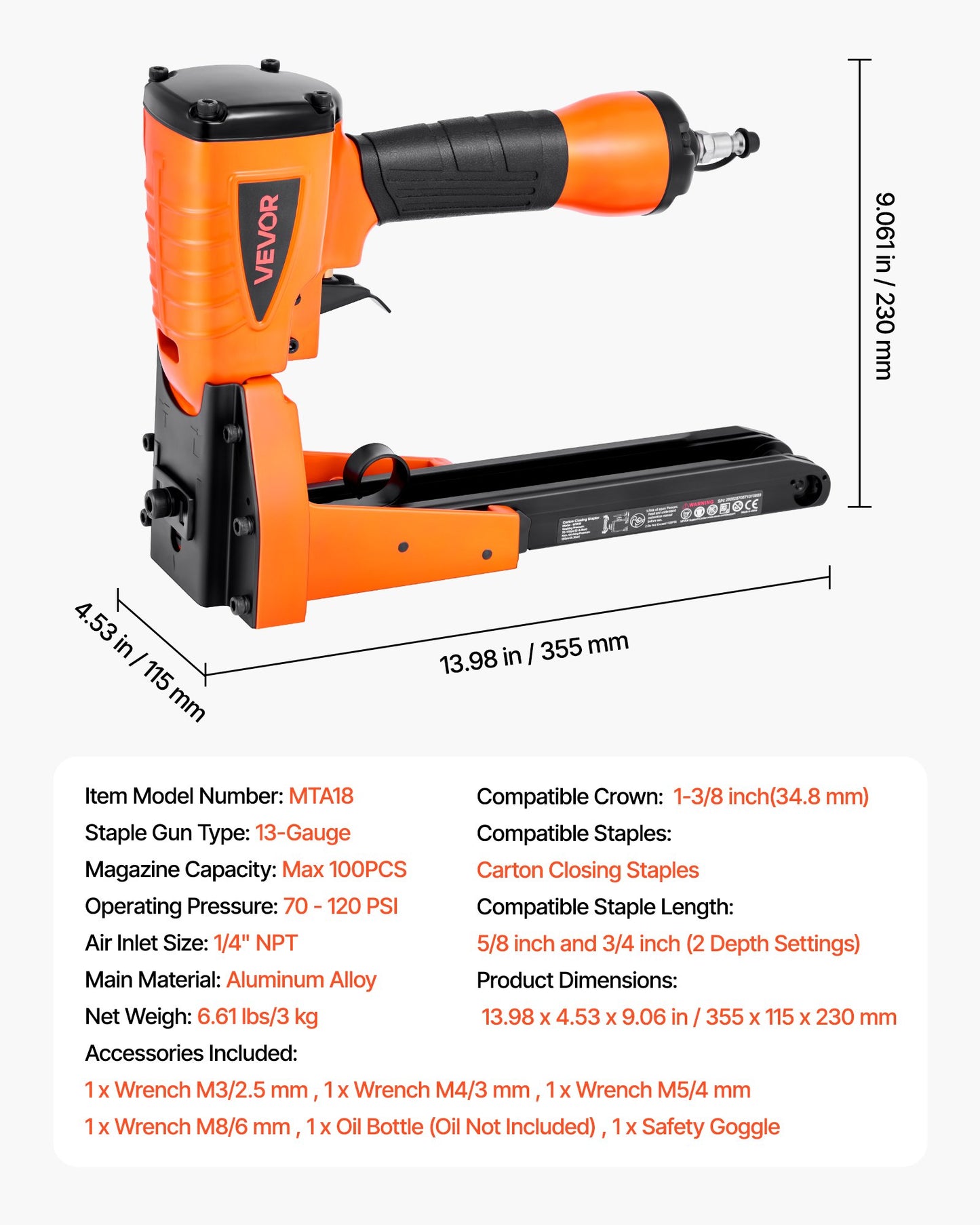 Pneumatic Carton Closing Stapler, 13 Gauge Pneumatic Cardboard Staple Gun for 34.8mm Crown 16mm & 19mm Length, Depth-Adjustable 70-120 PSI Air Staple Gun for Boxes Carton Closing, Packaging
