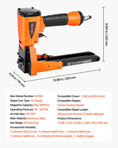 Pneumatic Carton Closing Stapler, 13 Gauge Pneumatic Cardboard Staple Gun for 34.8mm Crown 16mm & 19mm Length, Depth-Adjustable 70-120 PSI Air Staple Gun for Boxes Carton Closing, Packaging