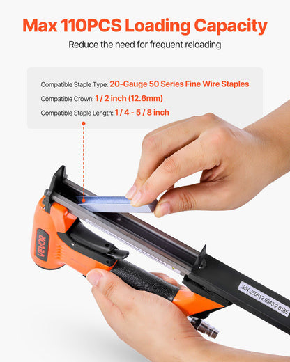 Pneumatic Staple Gun, 20 Gauge Air Upholstery Stapler for 50 Series Fine Wire Staples 12.8mm Crown 6mm-16mm Length, Max 110PCS Loading Air Staple Gun for Upholstering, Woodworking, DIY Projects