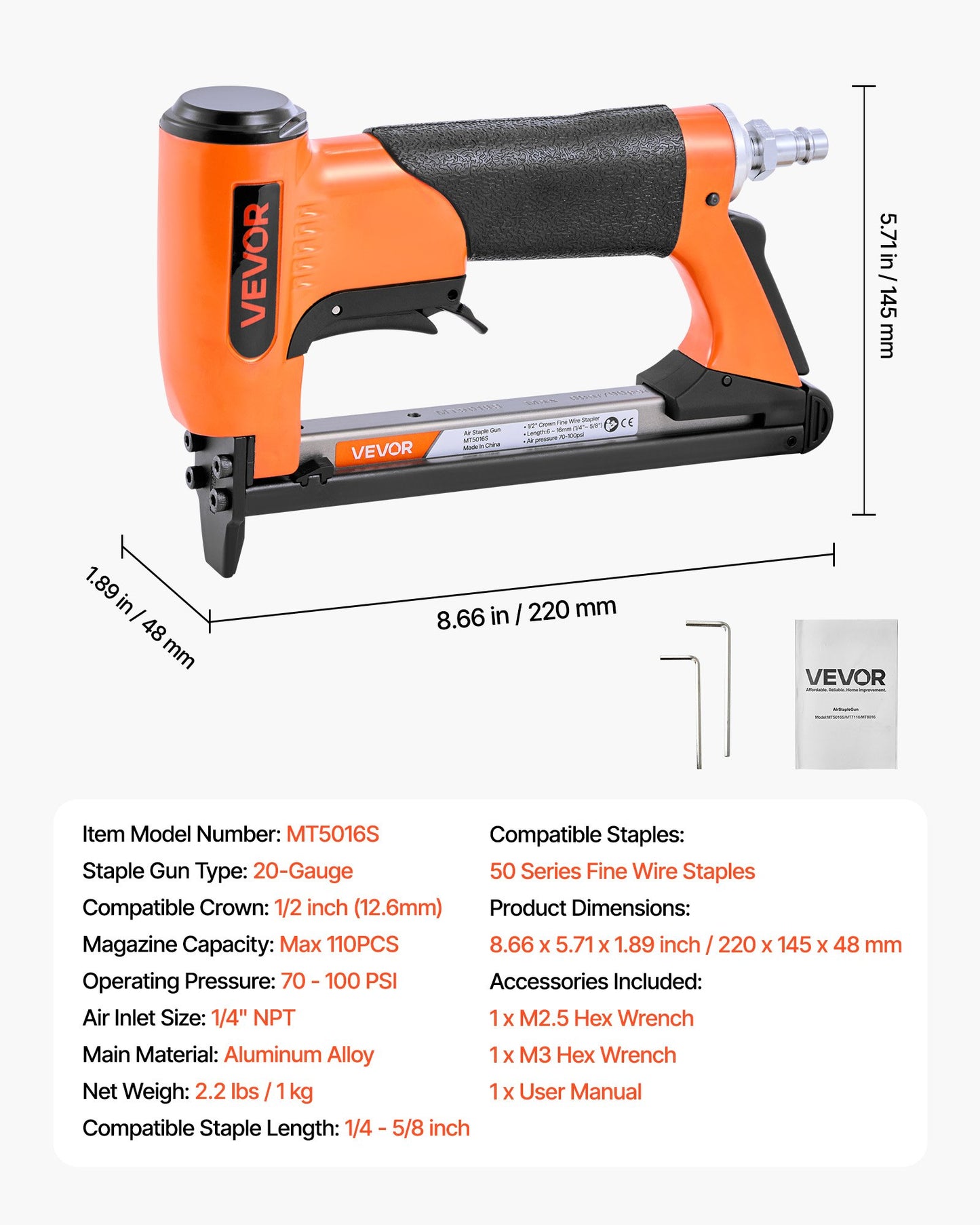 Pneumatic Staple Gun, 20 Gauge Air Upholstery Stapler for 50 Series Fine Wire Staples 12.8mm Crown 6mm-16mm Length, Max 110PCS Loading Air Staple Gun for Upholstering, Woodworking, DIY Projects