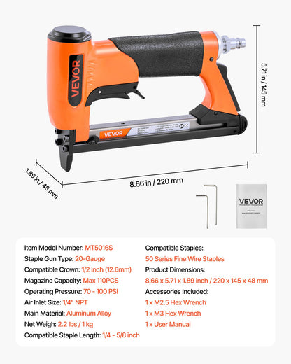 Pneumatic Staple Gun, 20 Gauge Air Upholstery Stapler for 50 Series Fine Wire Staples 12.8mm Crown 6mm-16mm Length, Max 110PCS Loading Air Staple Gun for Upholstering, Woodworking, DIY Projects
