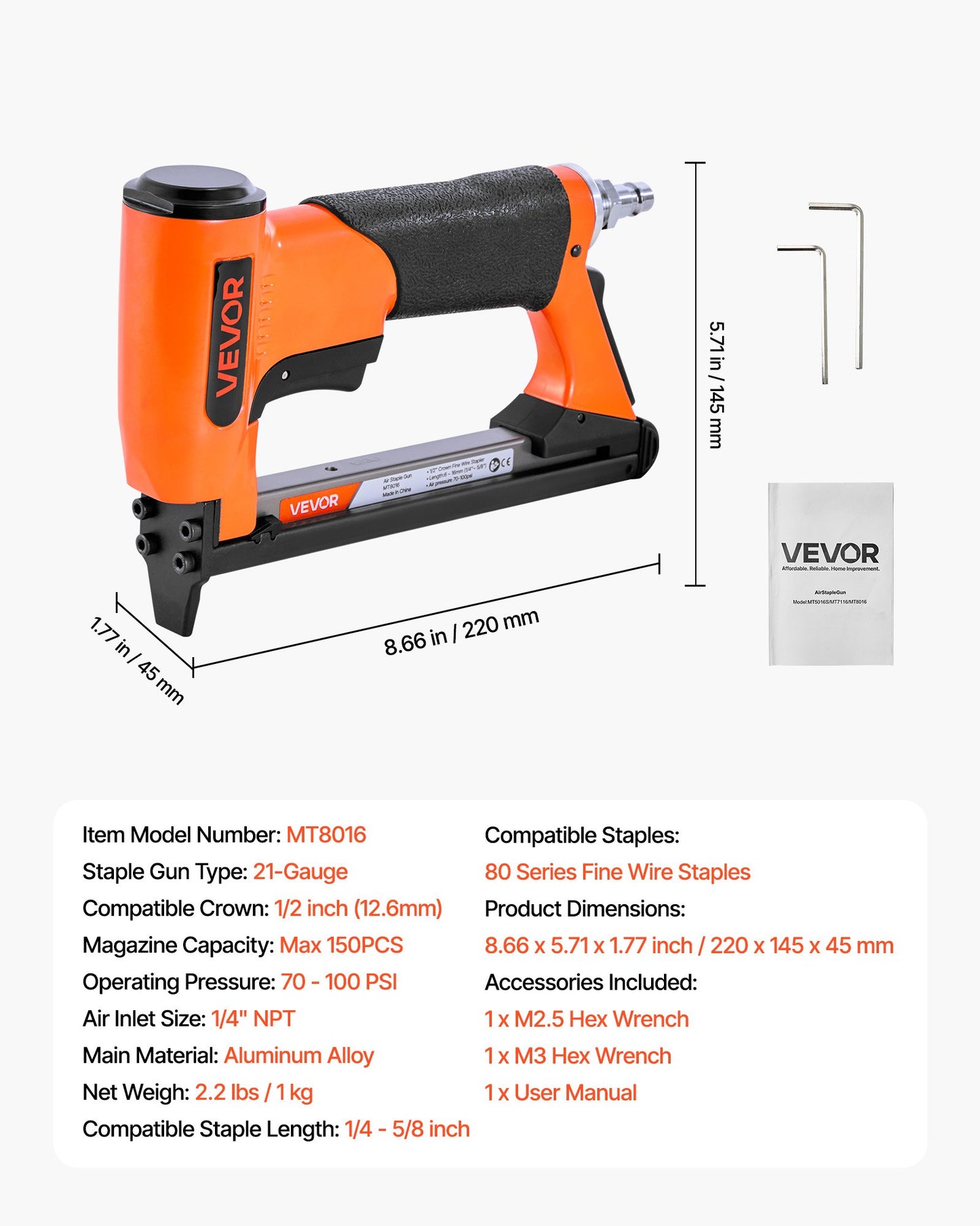 Pneumatic Staple Gun, 21 Gauge Air Upholstery Stapler for 80 Series Fine Wire Staples 12.8mm Crown 6mm -16mm Length, Max 150PCS Loading Air Staple Gun for Upholstering, Woodworking, DIY Projects