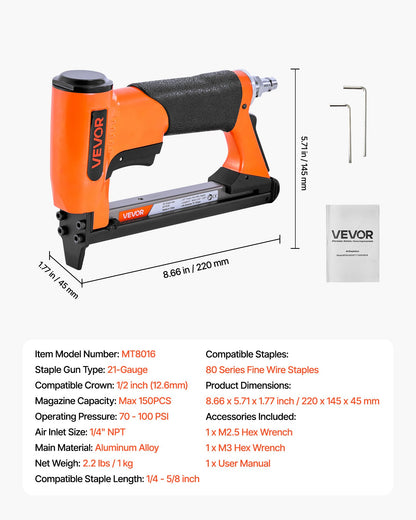Pneumatic Staple Gun, 21 Gauge Air Upholstery Stapler for 80 Series Fine Wire Staples 12.8mm Crown 6mm -16mm Length, Max 150PCS Loading Air Staple Gun for Upholstering, Woodworking, DIY Projects