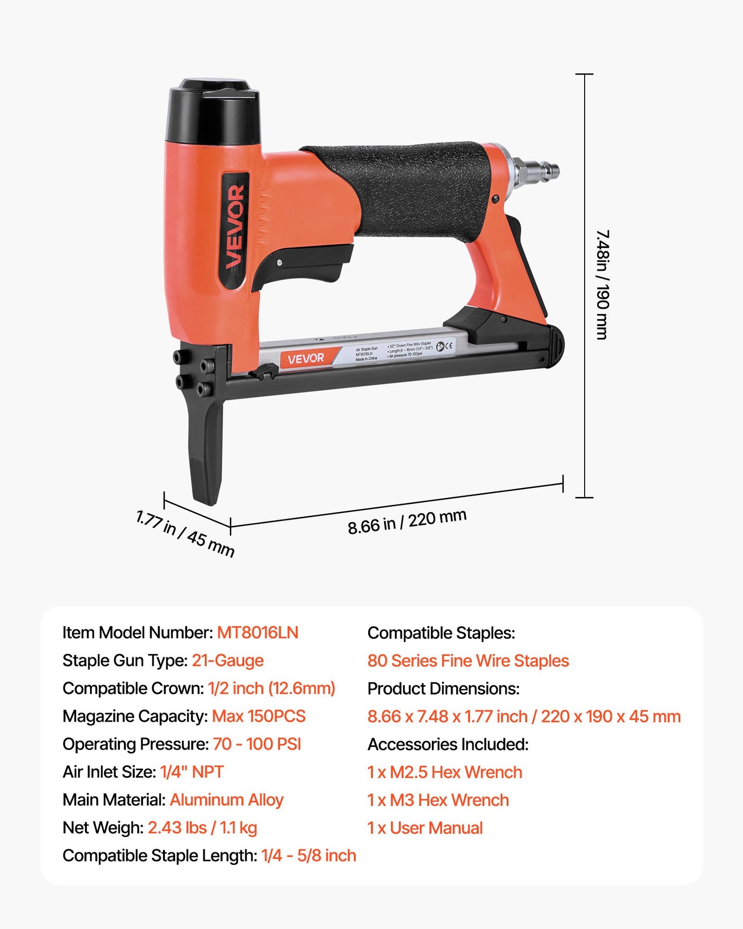 Pneumatic Staple Gun, 21 Gauge Long-Nose Upholstery Stapler for 80 Series Fine Wire Staples 12.8mm Crown 6mm-16mm Length, Max 150PCS Loading Air Staple Gun for Upholstering, Woodworking, DIY