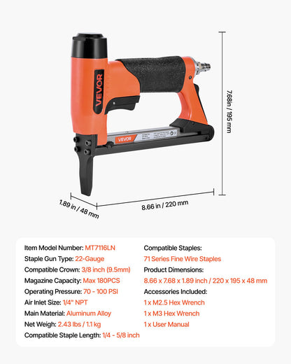 Pneumatic Staple Gun, 22 Gauge Long-Nose Upholstery Stapler for 71 Series Fine Wire Staples 9.5mm Crown 6mm-16mm Length, Max 180PCS Loading Air Staple Gun for Upholstering, Woodworking, DIY