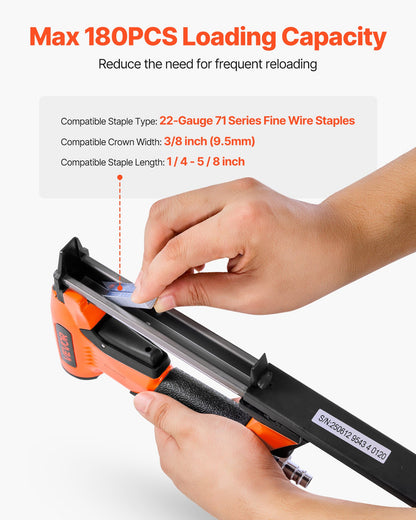Pneumatic Staple Gun, 22 Gauge Air Upholstery Stapler for 71 Series Fine Wire Staples 9.5mm Crown 6-16mm Length, Max 180PCS Loading Air Staple Gun for Upholstering, Woodworking, DIY Projects