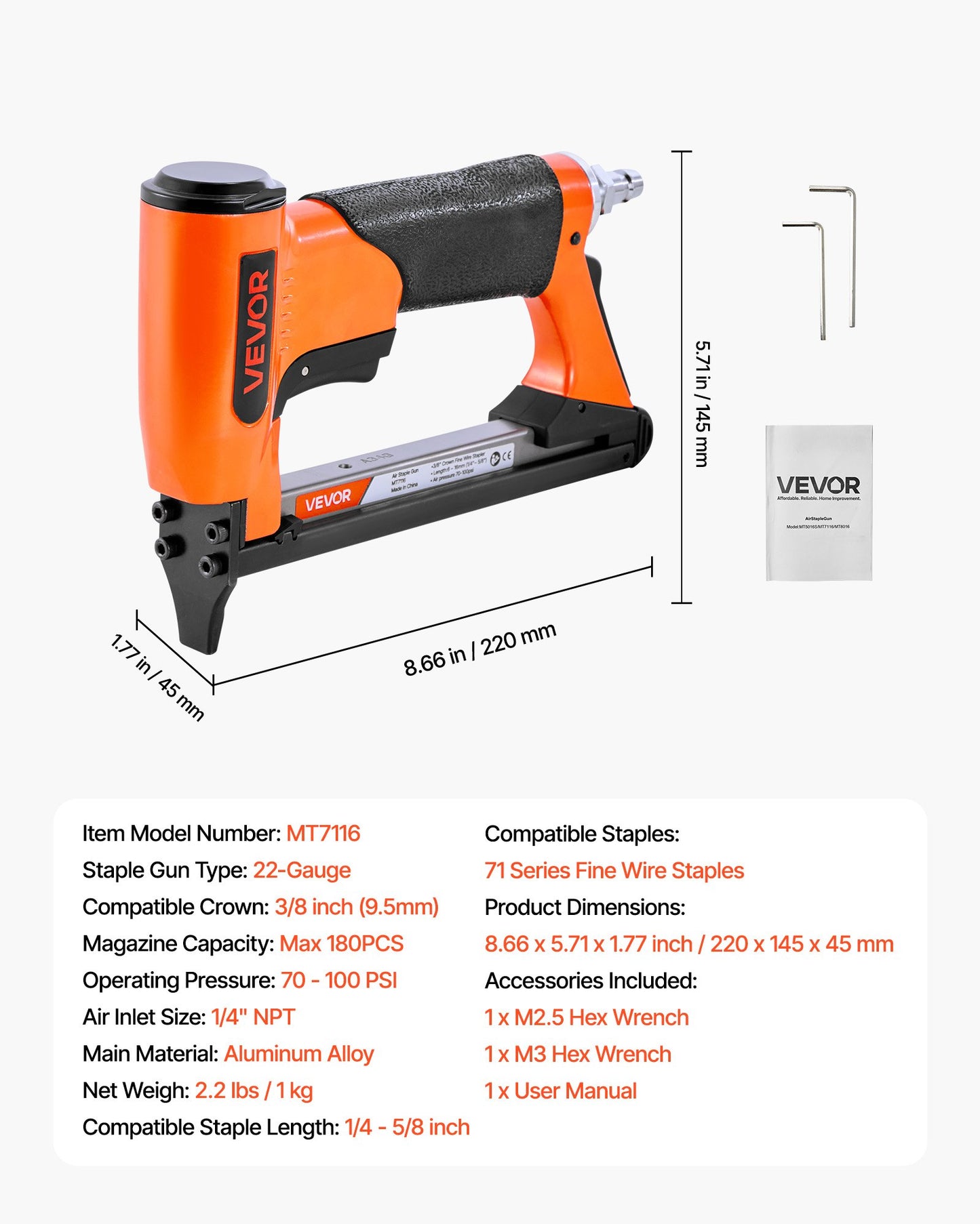 Pneumatic Staple Gun, 22 Gauge Air Upholstery Stapler for 71 Series Fine Wire Staples 9.5mm Crown 6-16mm Length, Max 180PCS Loading Air Staple Gun for Upholstering, Woodworking, DIY Projects