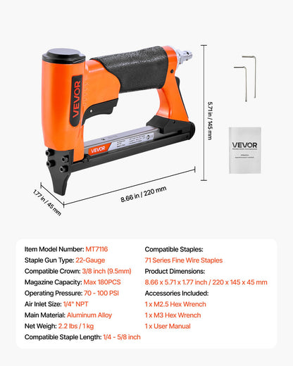 Pneumatic Staple Gun, 22 Gauge Air Upholstery Stapler for 71 Series Fine Wire Staples 9.5mm Crown 6-16mm Length, Max 180PCS Loading Air Staple Gun for Upholstering, Woodworking, DIY Projects