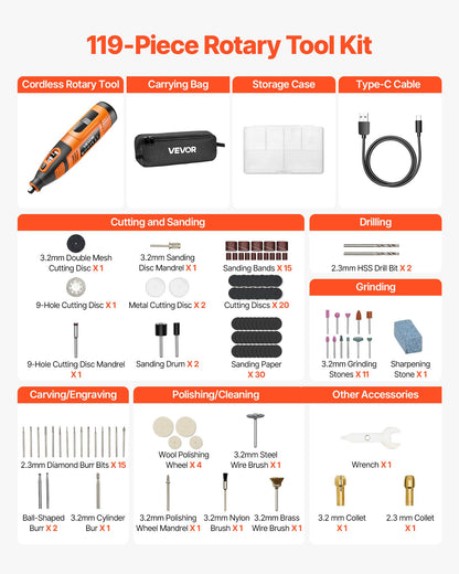 119-delars sladdlöst roterande verktygssats, DC12V bärbart mini-elroterande verktyg, 28 hastighetsnivåer 5000-32000 varv/min Multifunktionella gör-det-själv-verktyg för gravyr, slipning, polering, snidning, skärning, gör-det-själv-pyssel