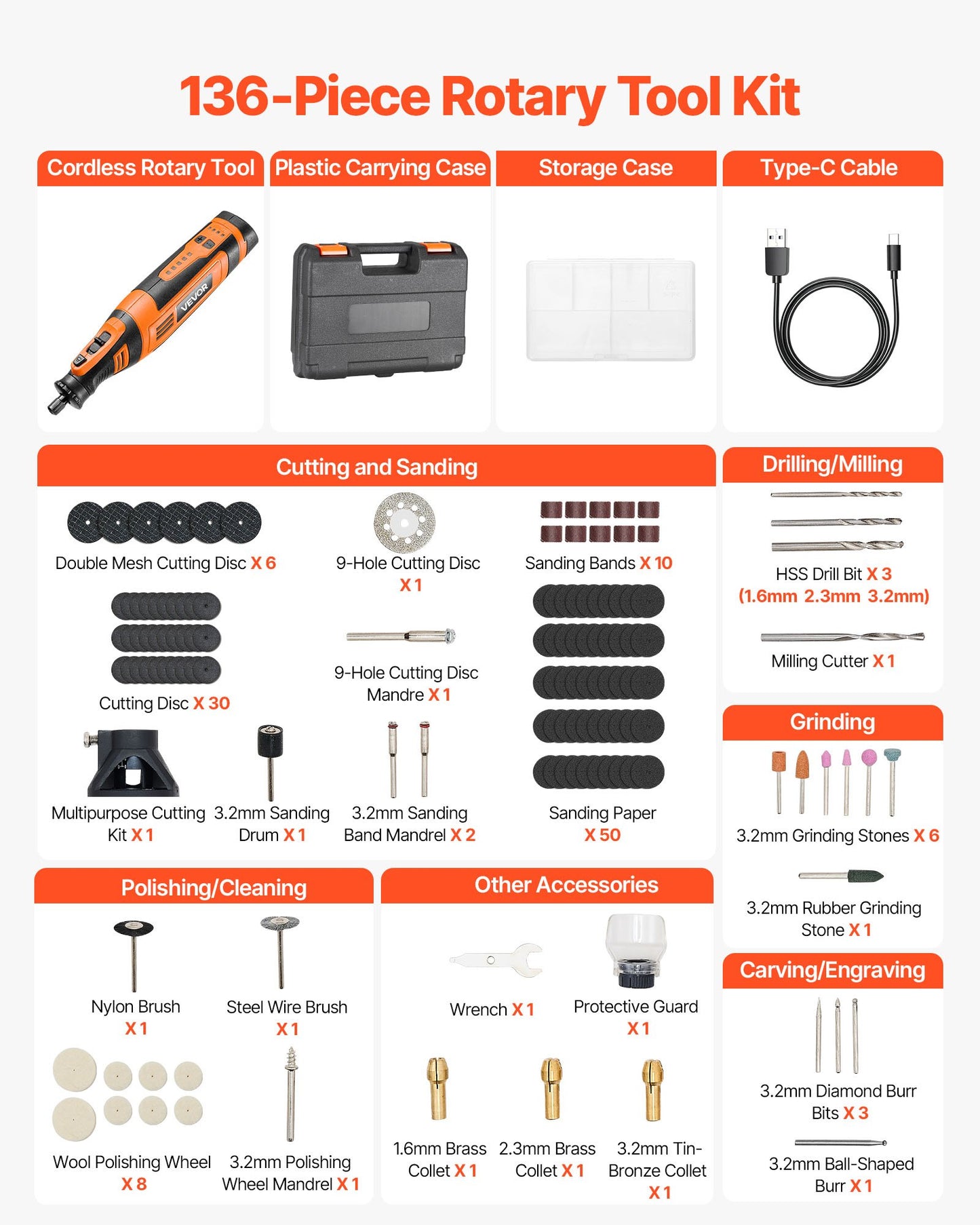 136-delars sladdlöst roterande verktygssats, DC8V bärbart mini-elroterande verktyg, 5 hastigheter 5000-30000 varv/min Multifunktionella gör-det-själv-verktyg för gravyr, slipning, polering, snidning, slipning, skärning, gör-det-själv-pyssel