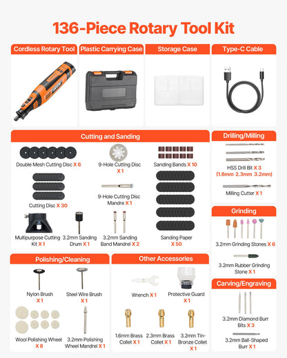 136-delars sladdlöst roterande verktygssats, DC8V bärbart mini-elroterande verktyg, 5 hastigheter 5000-30000 varv/min Multifunktionella gör-det-själv-verktyg för gravyr, slipning, polering, snidning, slipning, skärning, gör-det-själv-pyssel