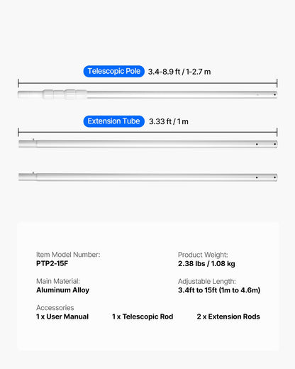 Poolstång, 1 till 4,6 m teleskopiska poolrengöringsstänger, professionell justerbar teleskopstång med 2 förlängningsstänger, kraftig rengöringsstav för skimmernät, borste, dammsugsmunstycke