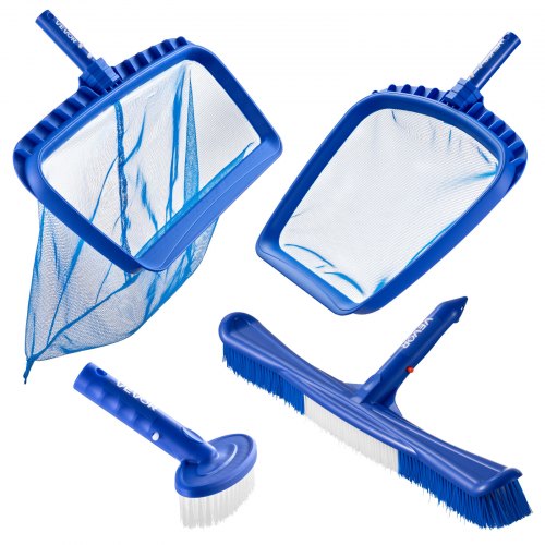 Swimming Pool Cleaning Kit, Includes 2 Detachable Brush Heads (508 mm / 139.7 mm) and 2 Pool Skimmer Nets, 4-in-1 Inground/Above Ground Pools Cleaning Tools Set for Leaf, Fine Mesh, No Poles