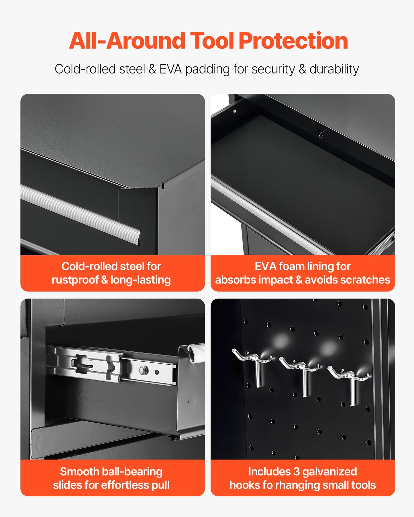 Rullande verktygslåda, 2-i-1-design, verktygsskåp med 5 lådor, avtagbar metallverktygslåda, låsstång, skyddande foder och verktygsställ, garageskåp för lager, verkstad