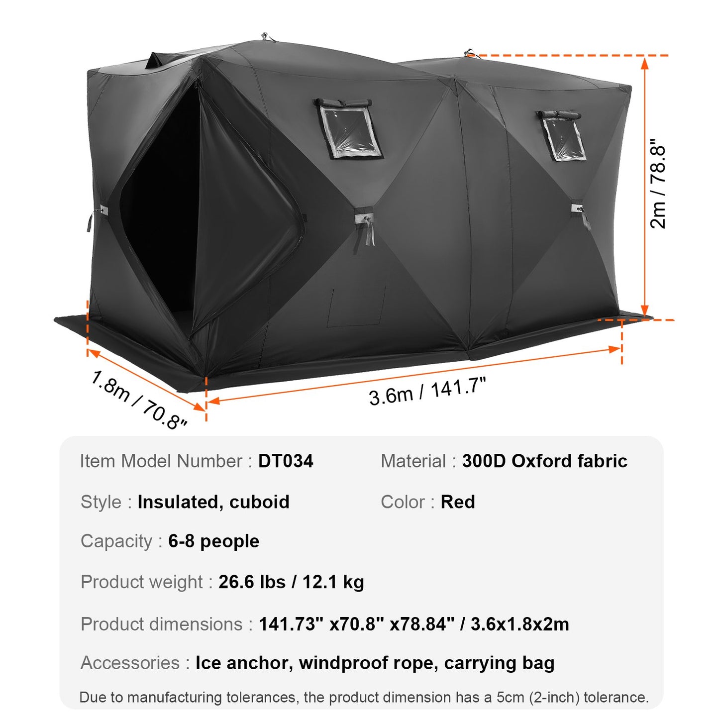 Bärbart isskydd, 6-8 personers popup-isfisketält, 70 kvadratfot fiskyta, isskydd för vinterfiske, vattentät Oxford-isbit med ankare/rep/bärväska, 142"x71" svart