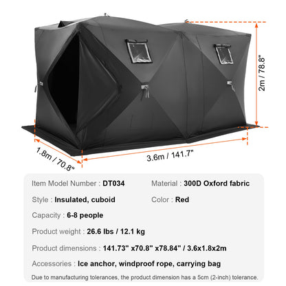 Bärbart isskydd, 6-8 personers popup-isfisketält, 70 kvadratfot fiskyta, isskydd för vinterfiske, vattentät Oxford-isbit med ankare/rep/bärväska, 142"x71" svart