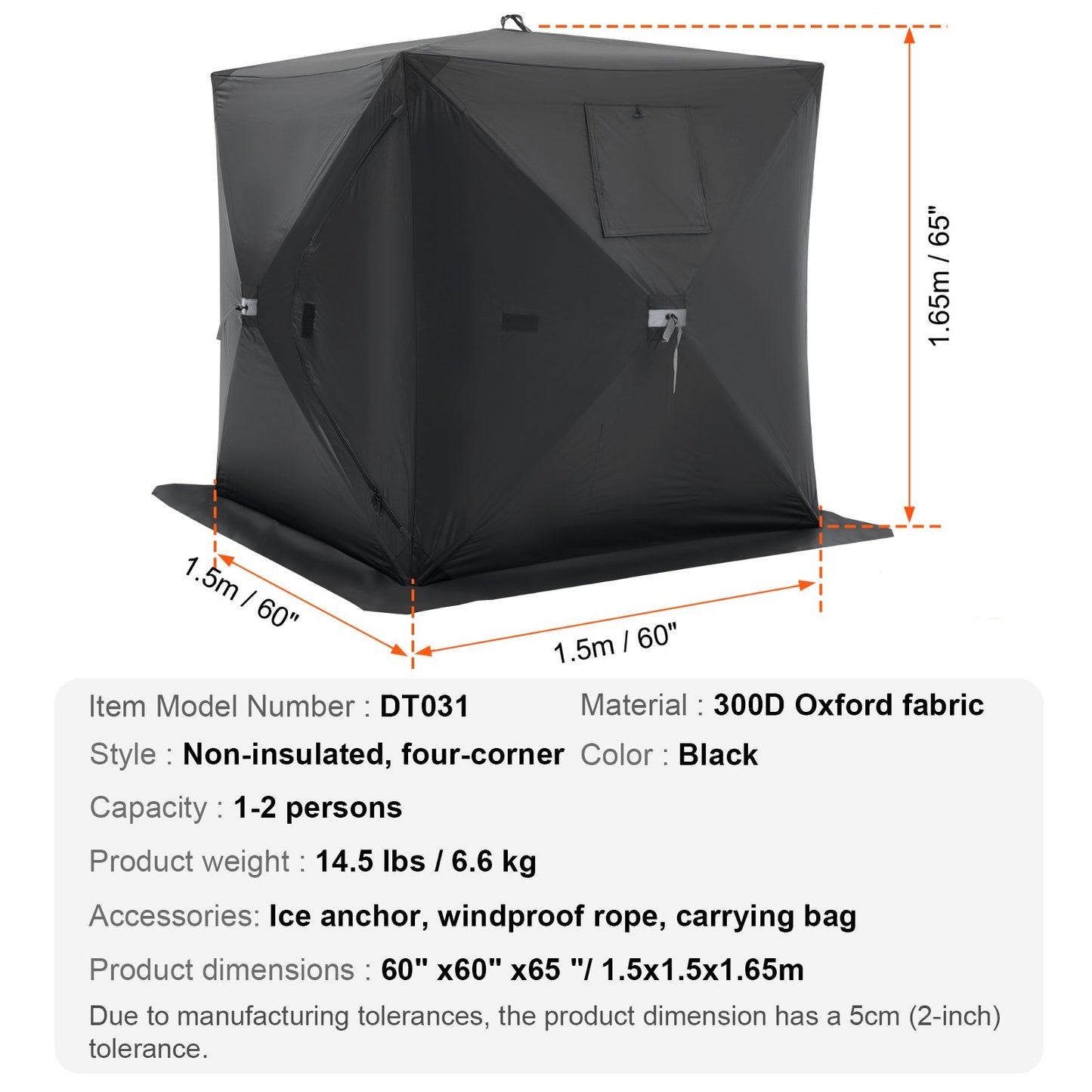 Bärbart isskydd, 1-2 personers popup-isfisketält, 24 kvadratfot fiskyta, isskydd för vinterfiske, vattentät Oxford-isbit med ankare/rep/bärväska, 60"x60", svart