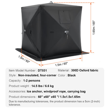 Bärbart isskydd, 1-2 personers popup-isfisketält, 24 kvadratfot fiskyta, isskydd för vinterfiske, vattentät Oxford-isbit med ankare/rep/bärväska, 60"x60", svart