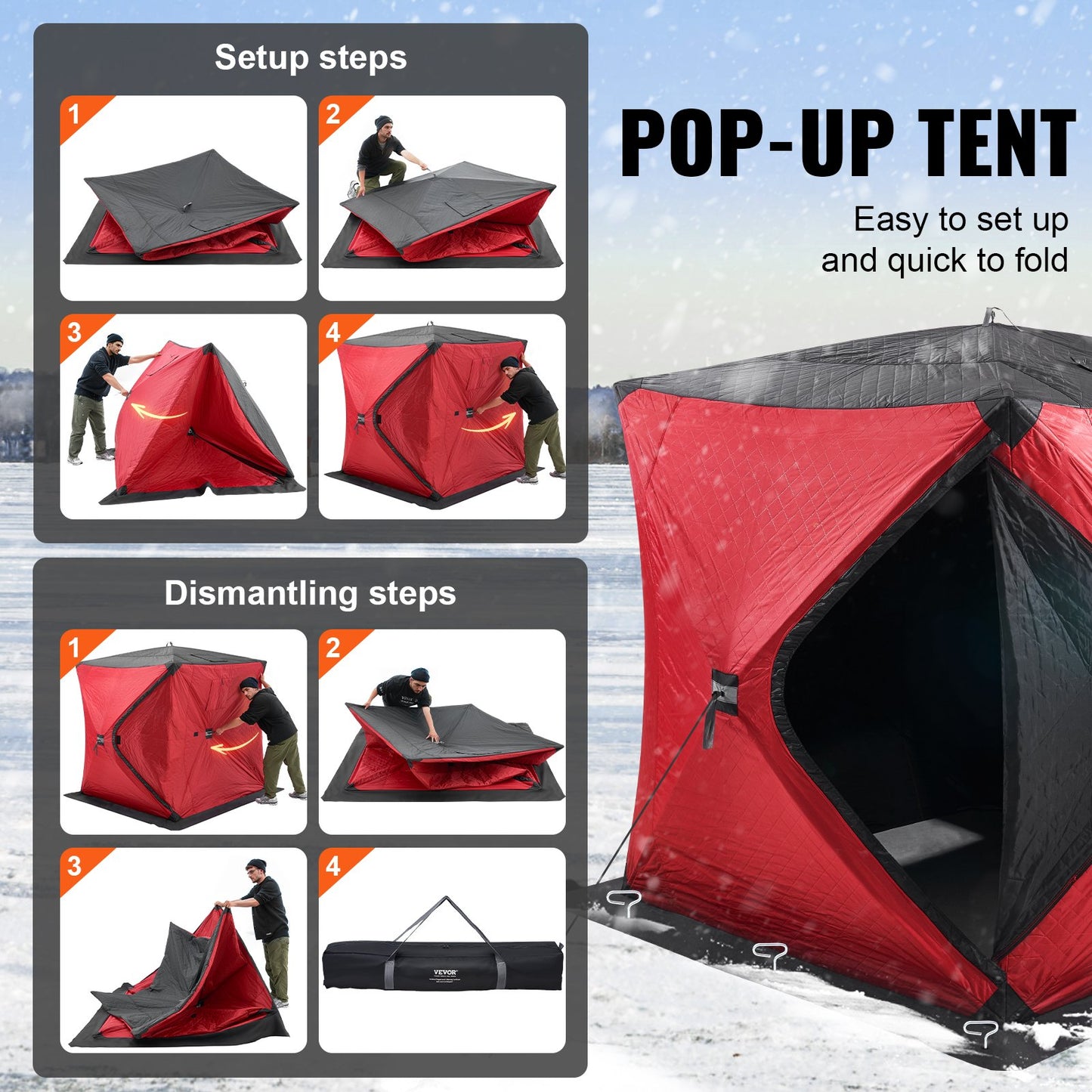 Portable Ice Shelter, 3-4 Person Insulated Pop-Up Ice Fishing Tent, 35 Square Feet Fishable Area, Thermal Ice Shanty for Winter Fishing, Ice Cube with Anchors, Ropes, Carrying Bag, 71"x71", Red
