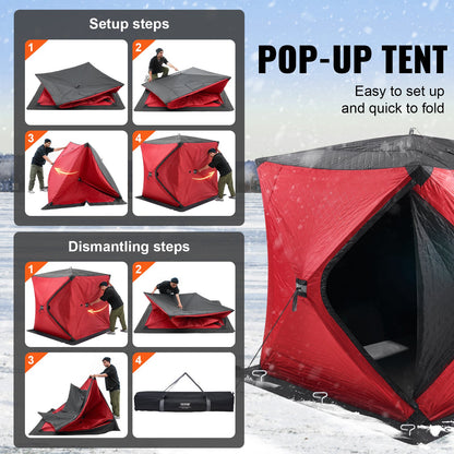 Portable Ice Shelter, 3-4 Person Insulated Pop-Up Ice Fishing Tent, 35 Square Feet Fishable Area, Thermal Ice Shanty for Winter Fishing, Ice Cube with Anchors, Ropes, Carrying Bag, 71"x71", Red